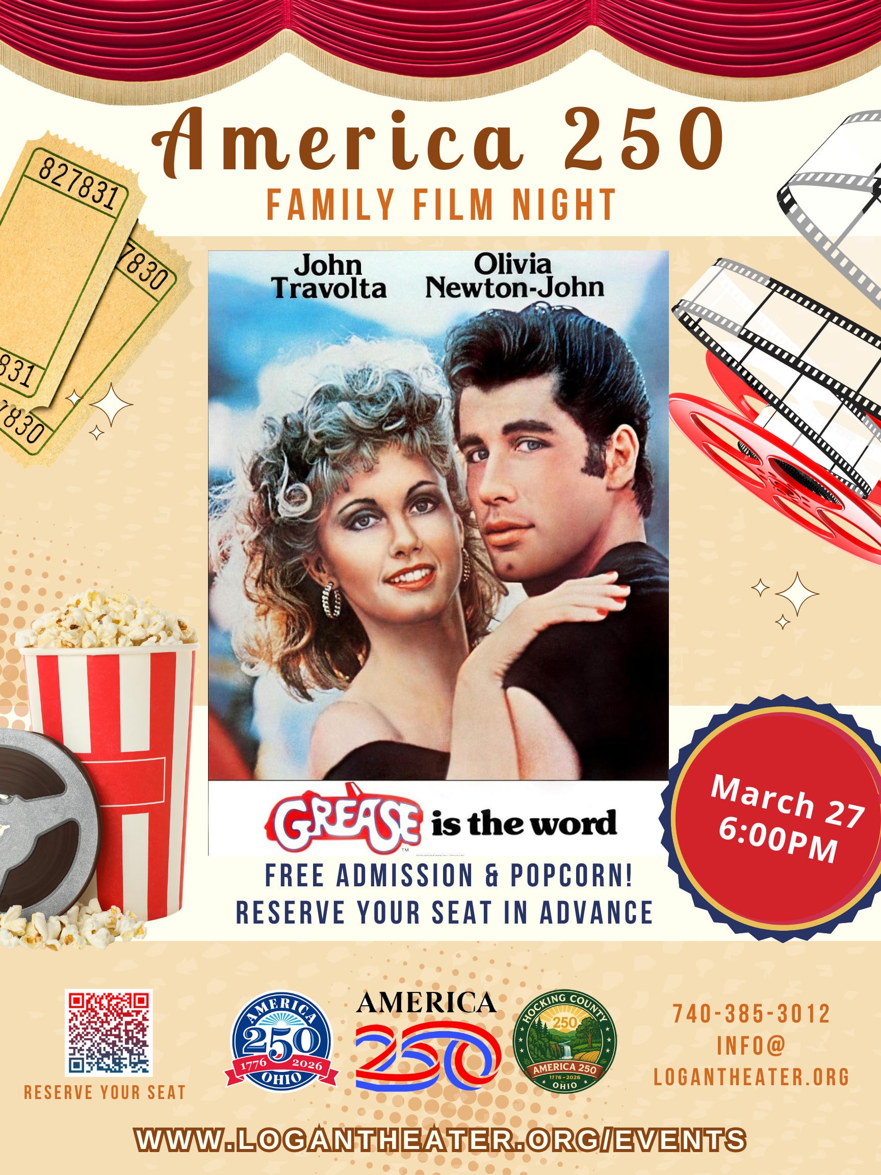 Join us for a nostalgic 250th anniversary celebration at the historic Logan Theater on March 27, 2026, at 6:00 PM! Enjoy a free family night featuring the1978 hit movie&nbsp;Grease, showcasing the talent of Ohio native and Columbus-born actress Dody Goodman as "Blanche." Relive the classic musical in a historic setting!
